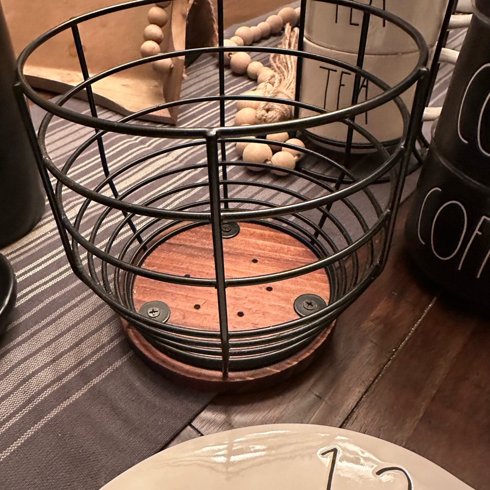 Black Wire Basket with Wooden Base